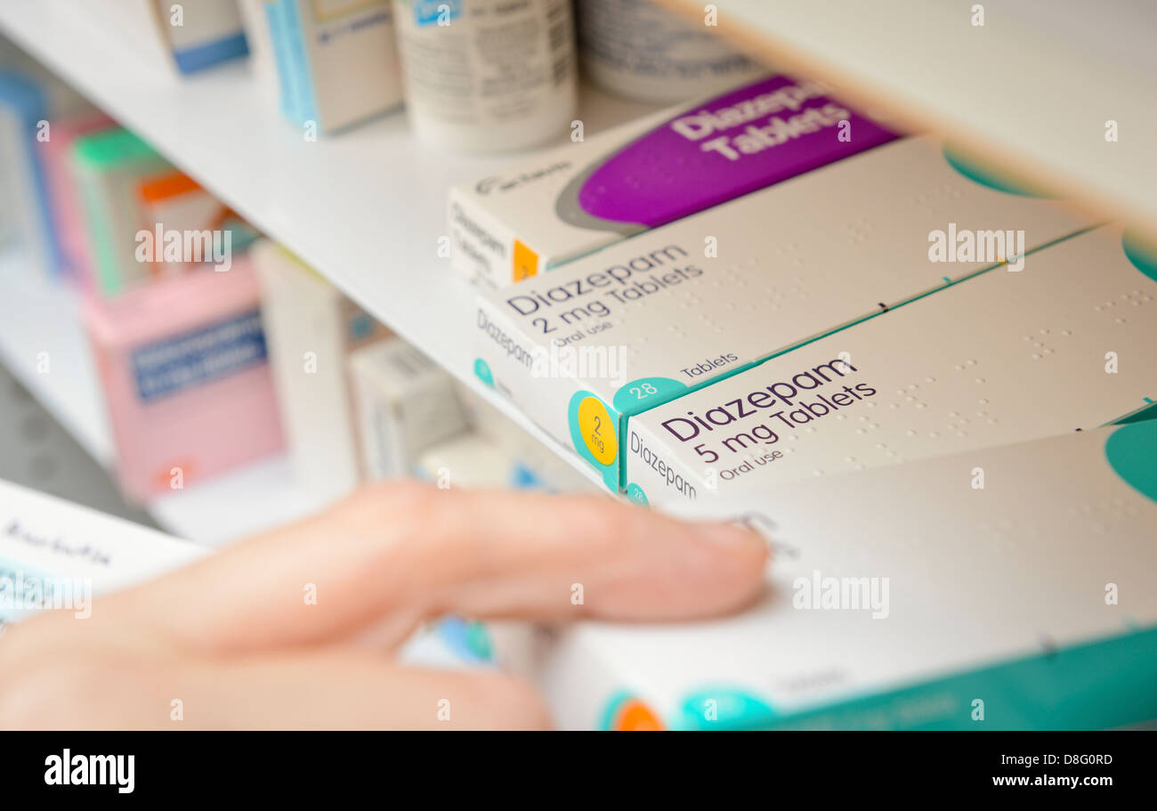 Diazepam tablets on a medicine trolley on a hospital ward in the UK. Stock Photo