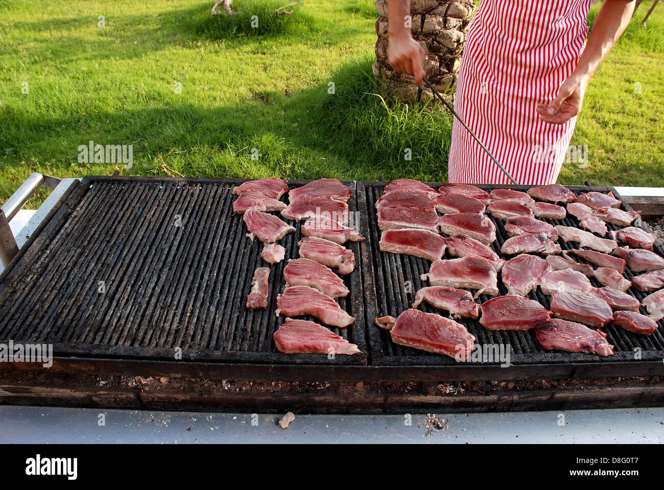 Fresh steak of tuna preparing on grill Stock Photo