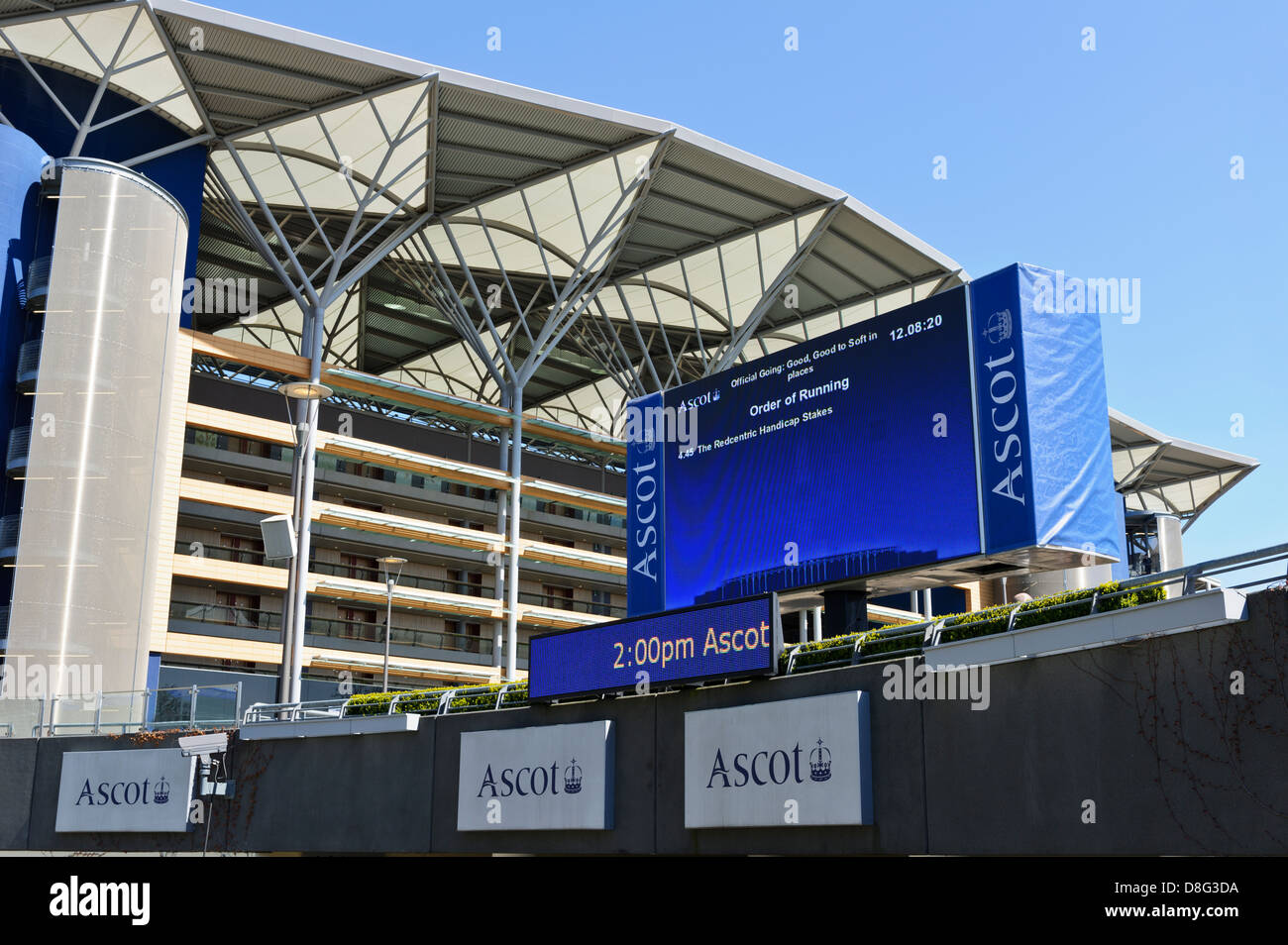 Electronic noticeboard display at Ascot Racecourse stand, Berkshire
