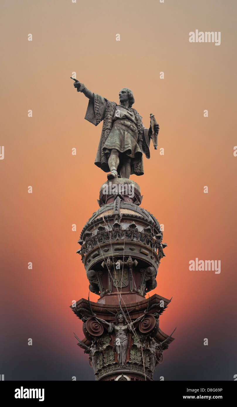 The Columbus Monument  at the lower end of La Rambla, Barcelona, Catalonia, Spain, Christopher Columbus stands atop pointing Stock Photo
