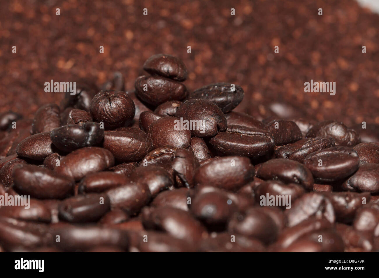 Fresh roasted coffee beans and grounds in the background Stock Photo