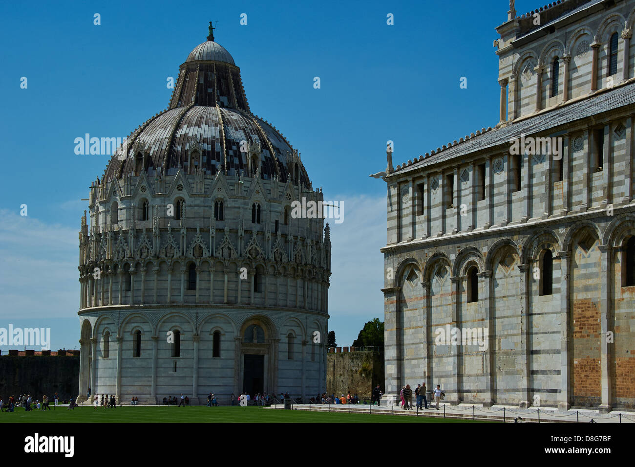 Piazza (square) dei Miracoli, the Baptistery, the Duomo (Cathedral) and the Leaning Tower (Torre Pendente) Stock Photo