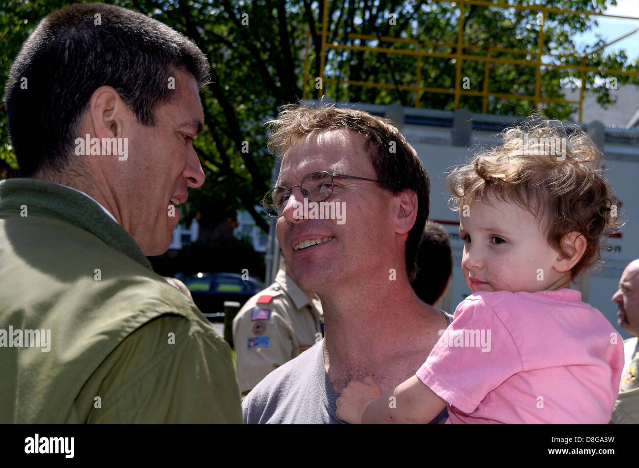 Gabriel Gomez, Massachusetts Republican Senate candidate, shakes hands with supporters at Memorial Day celebration Stock Photo