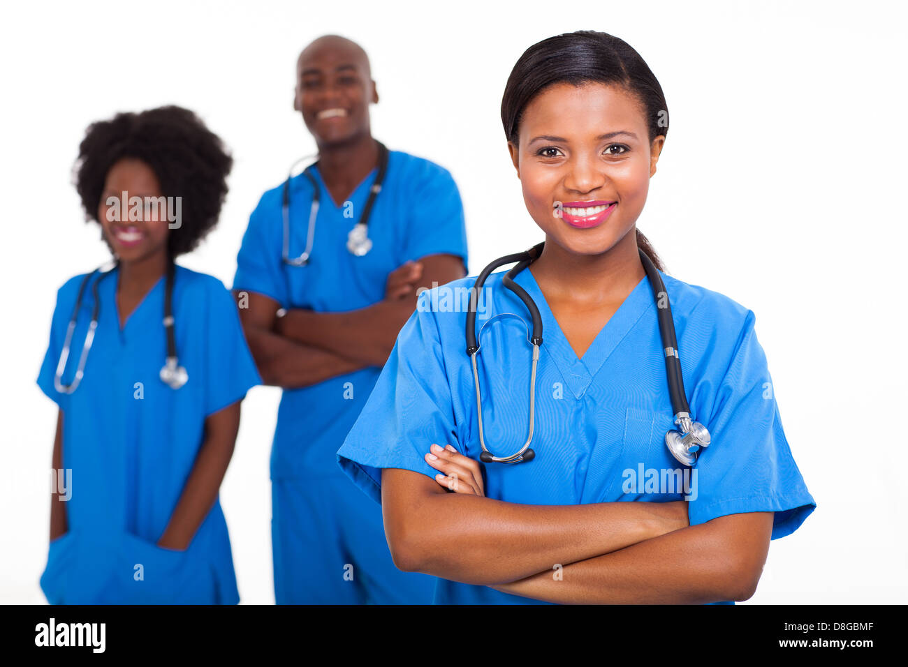 group of African American medical workers on white background Stock Photo