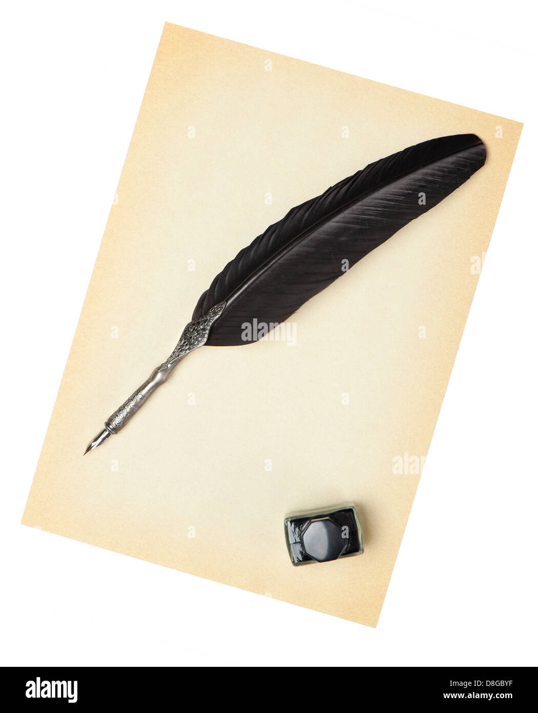 Feather quill and inkwell on an old paper Stock Photo - Alamy