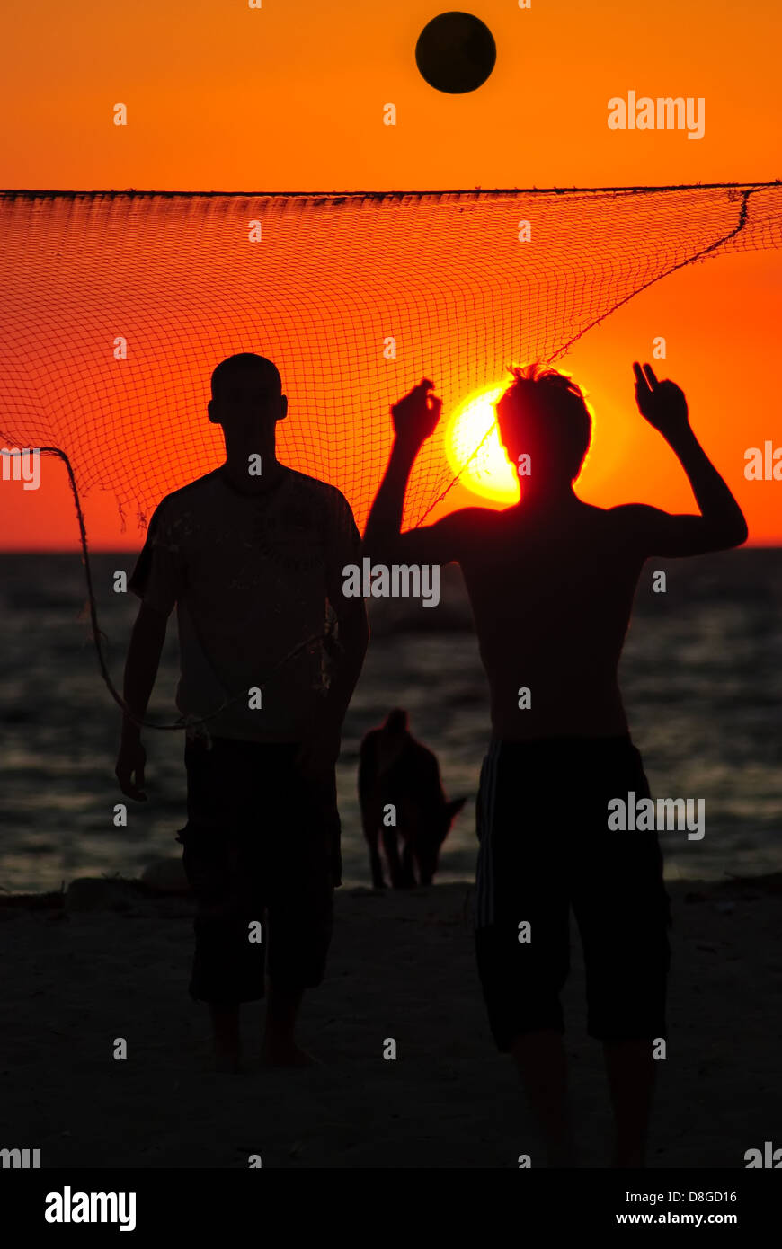 Playing beach volleyball in the sunset Stock Photo Alamy