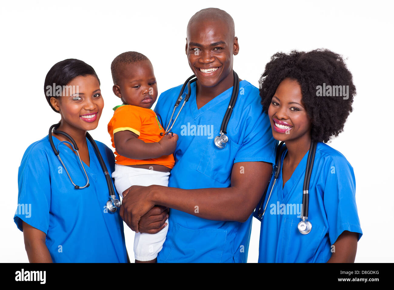 group of African pediatricians with baby boy isolated on white Stock Photo