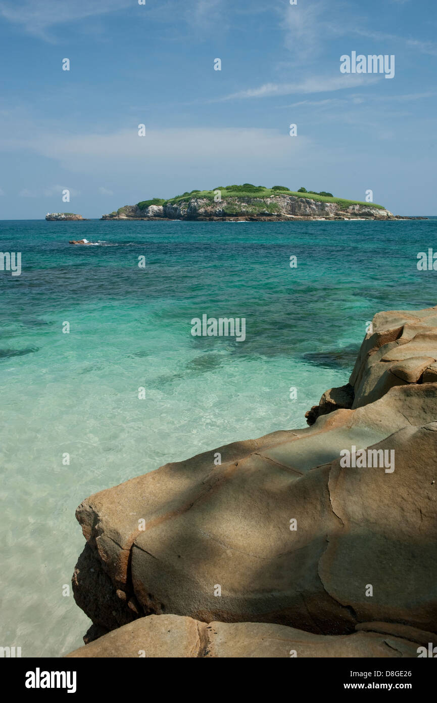 Rocky shore with clear waters, Pacheca island Stock Photo