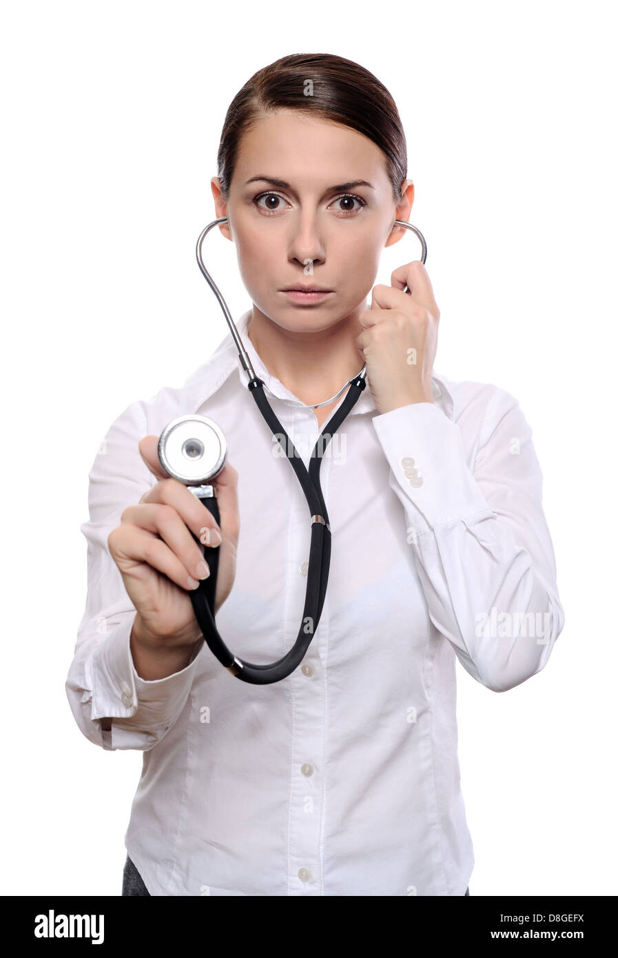 Female doctor listen with a stethoscope Stock Photo - Alamy