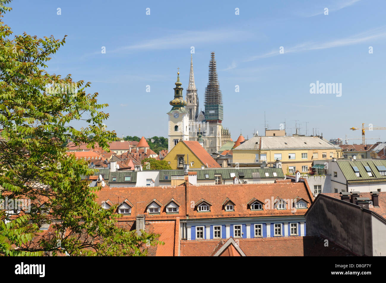 View from Gornij Grad towards Zagreb Cathedral, Croatia Stock Photo