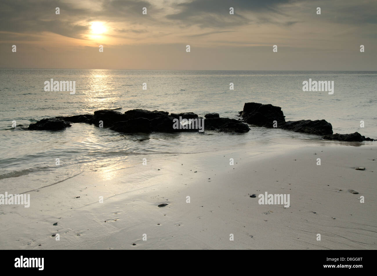 Low tide in the beach at dawn. Pacheca Island Stock Photo