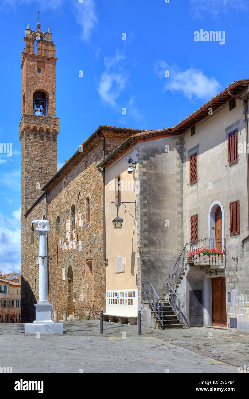 central square with church in Montalcino, Siena, Tuscany, Italy Stock Photo