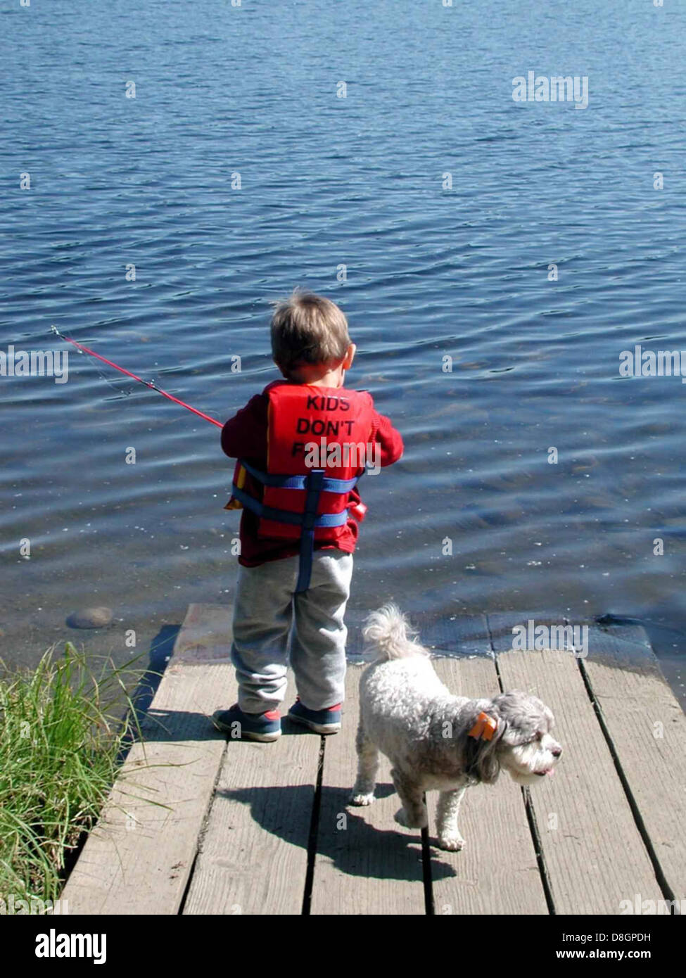 Boy with life preserver fishes off pier with dog near by. Stock Photo