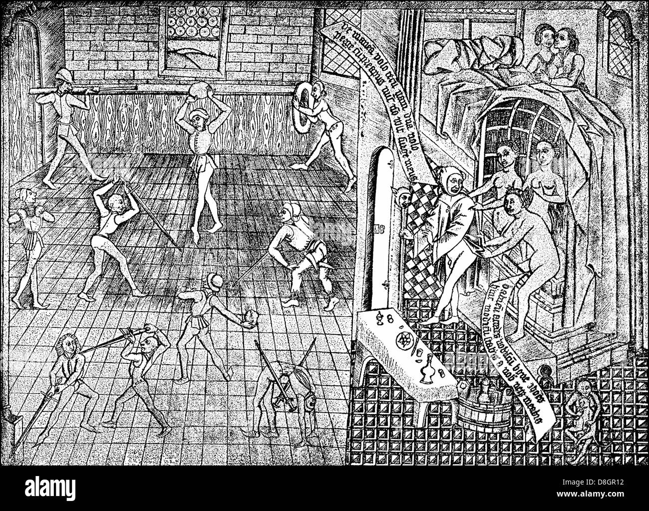 The joy of life, Fencing and a house of prostitution, 15th century, Stock Photo