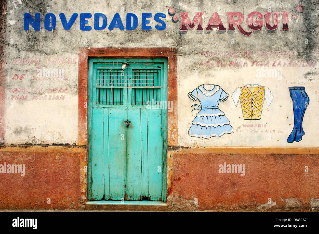 Storefront and old wooden door in Santa Elena, Yucatan, Mexico Stock Photo