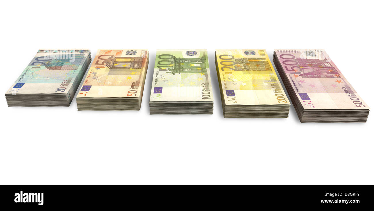 Euro Note Stack An assortment of euro note currency in stacks on an isolated background ...