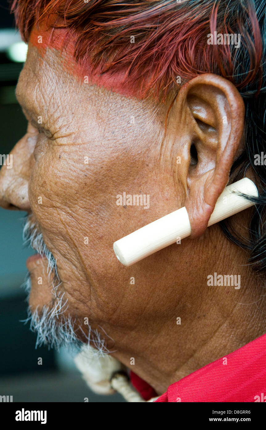 An indigenous Brazilian man wearing a traditional earring. Stock Photo
