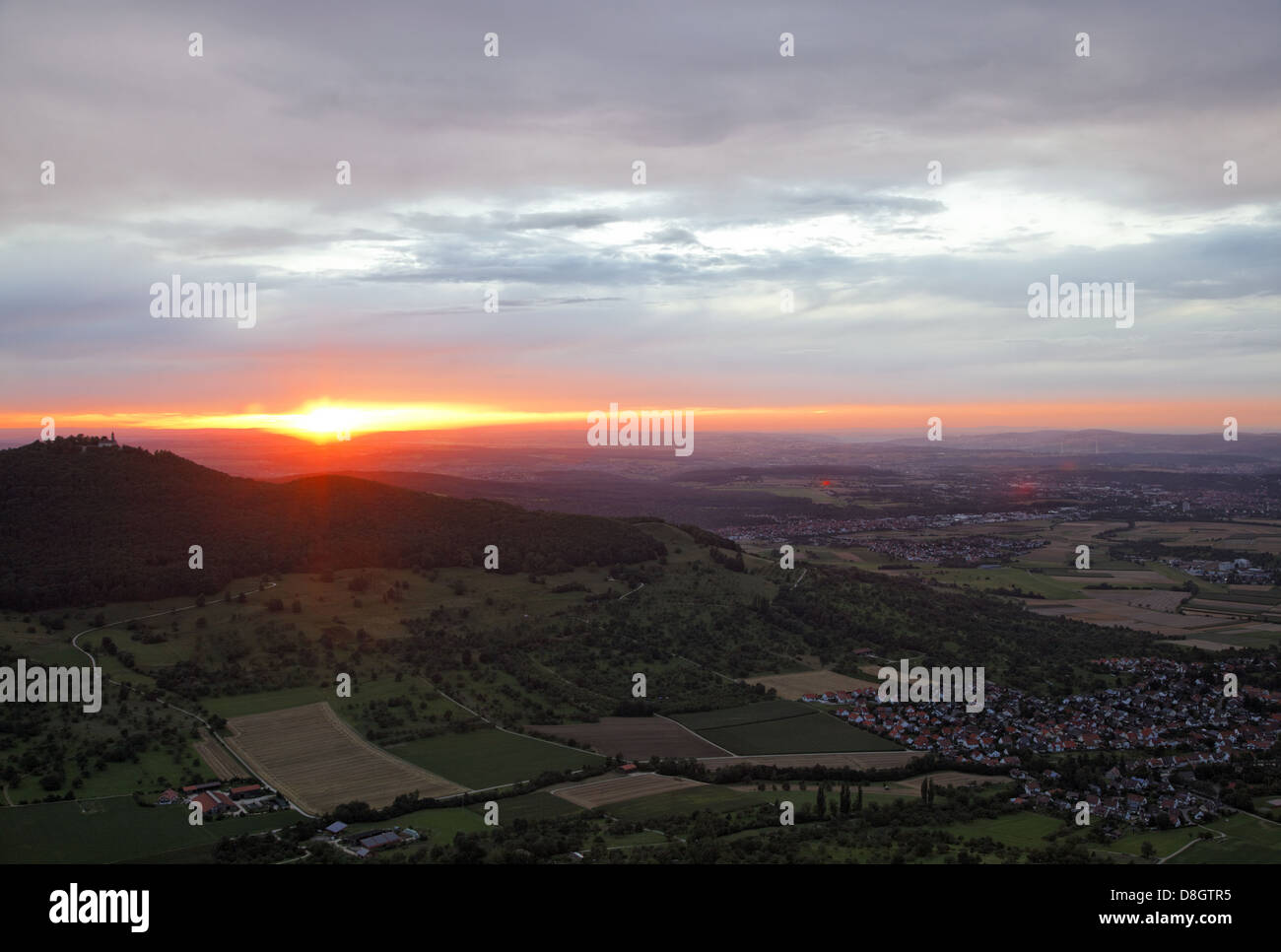 Germany, Baden-Württemberg, Swabian Alb plateau; View from Breitenstein, look at the Teck castle, sunset Stock Photo