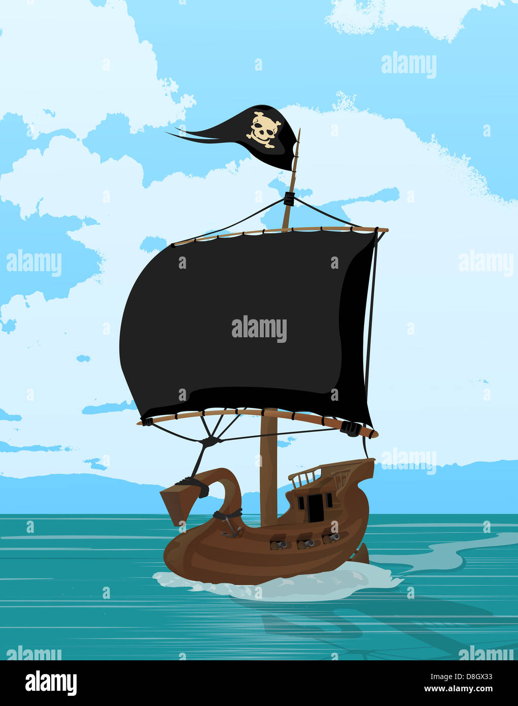Black sails pirate ship Stock Photo