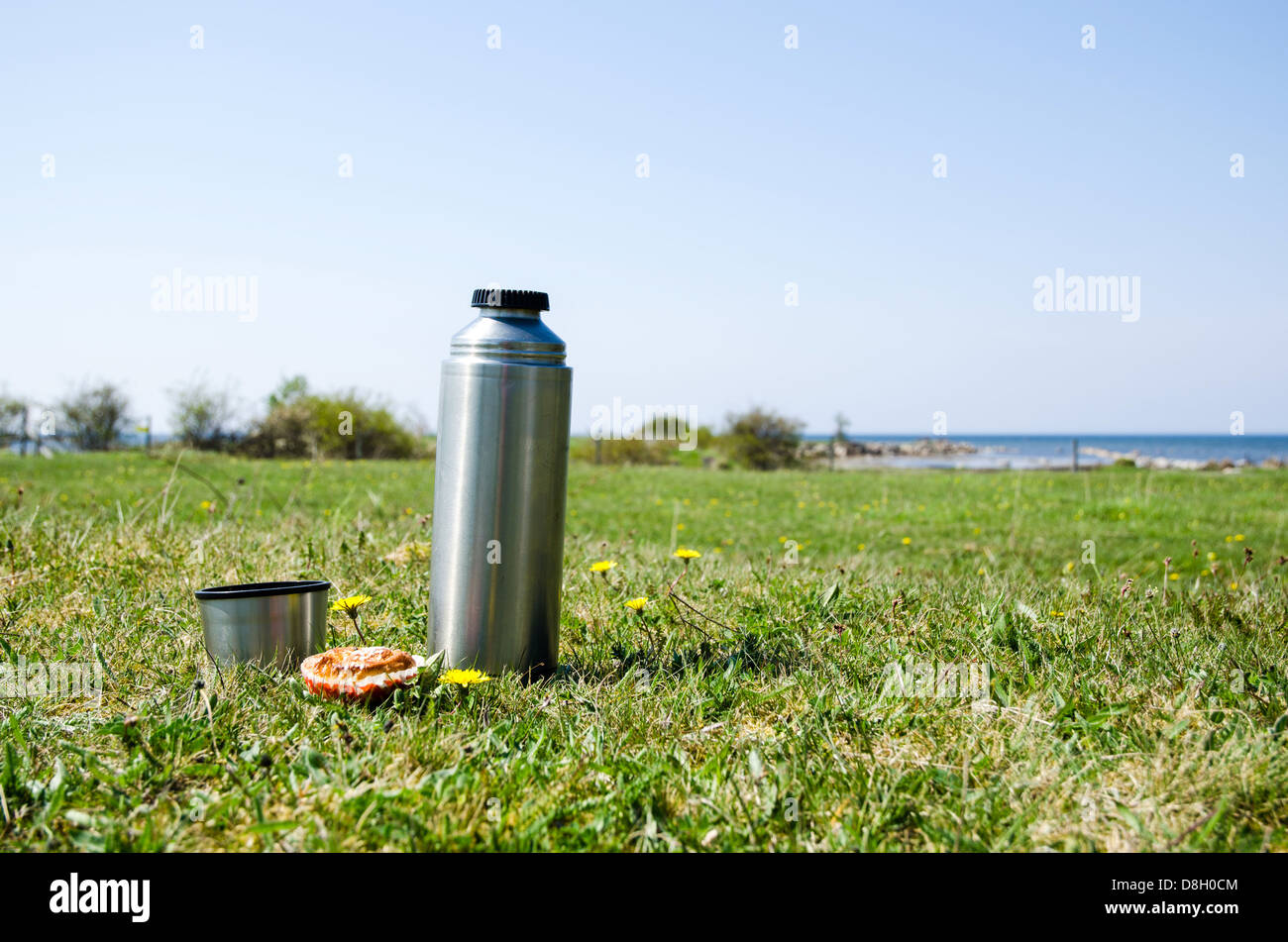 https://c8.alamy.com/comp/D8H0CM/thermos-with-bread-on-a-grass-field-at-the-coast-in-springtime-D8H0CM.jpg