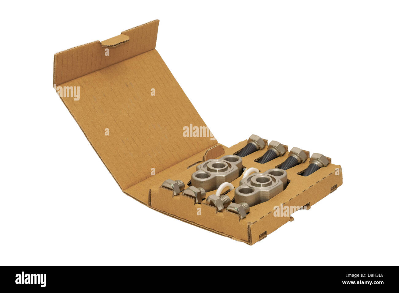 cardboard, box, packaging, white, isolated, object, product, container, opened, carton, element, bolt, screw, metal, fasteners, Stock Photo