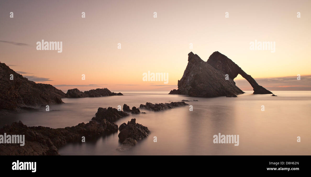 Bow Fiddle Rock at Sunrise, Scotland, United Kingdom Stock Photo