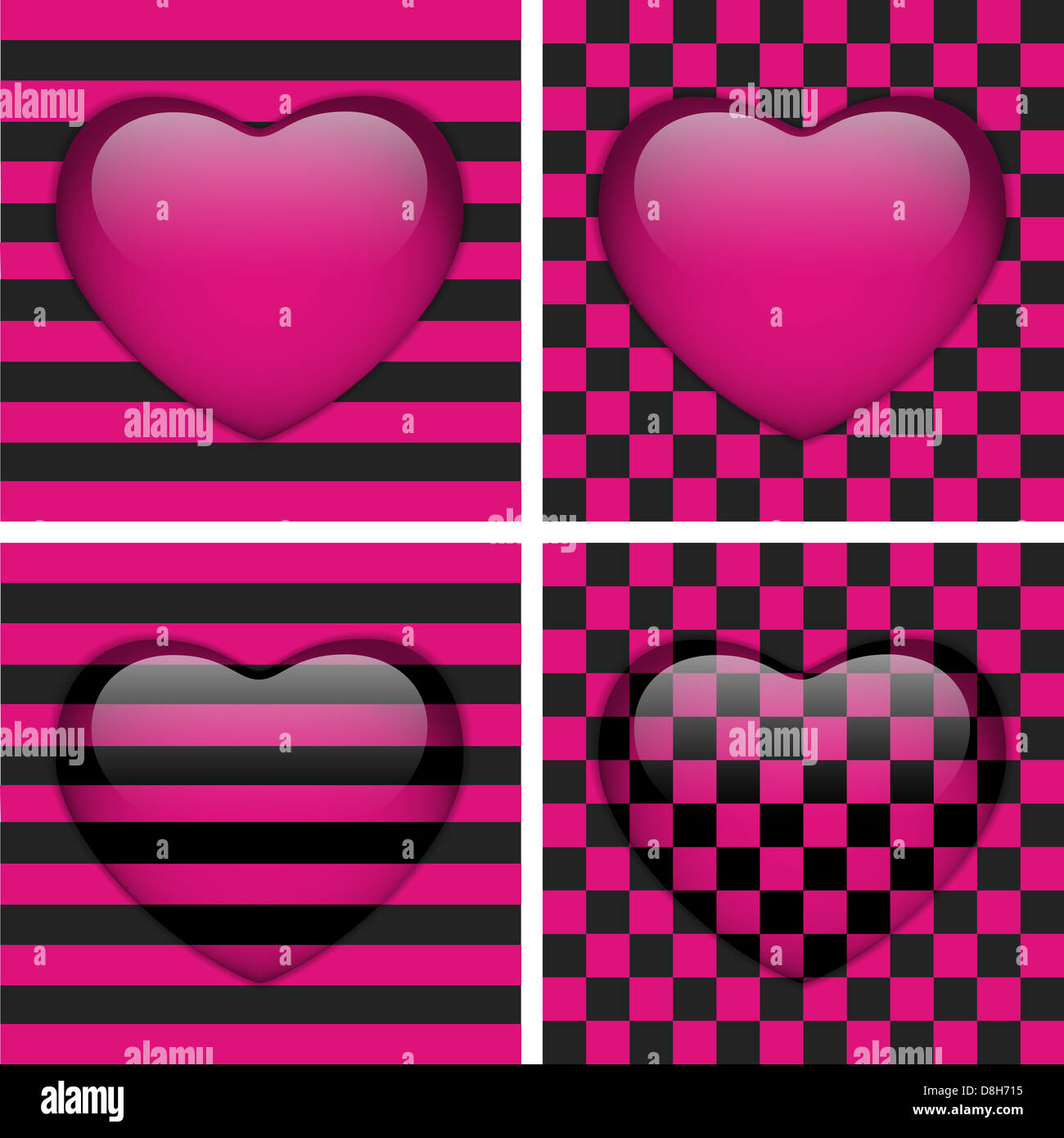 Vector - Set of Four Glossy Emo Hearts. Pink and Black Chess and Stripes Stock Photo