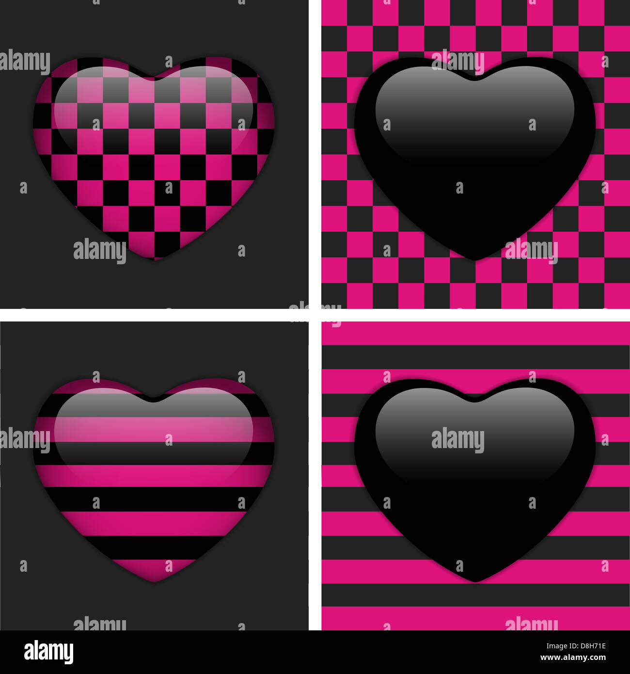 vector - Set of Four Glossy Emo Hearts. Pink and Black Chess and Stripes Stock Photo