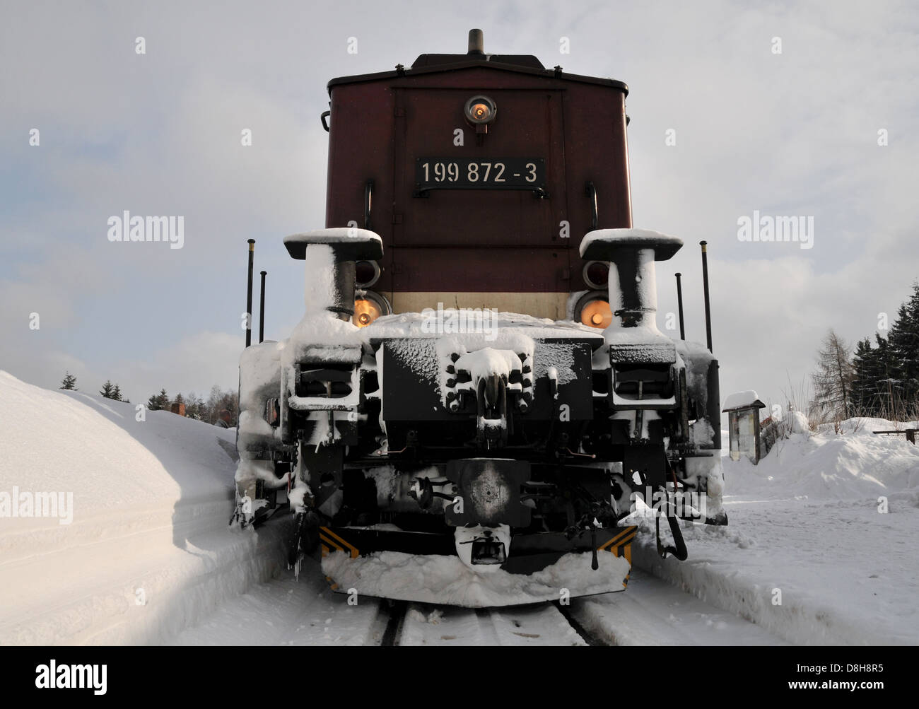 Diesel Locomotive in the Snow Stock Photo