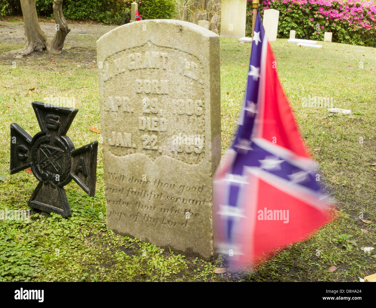 Confederate Soldier Gravestone with CSA Historical Marker and Confederate Flag, USA Stock Photo