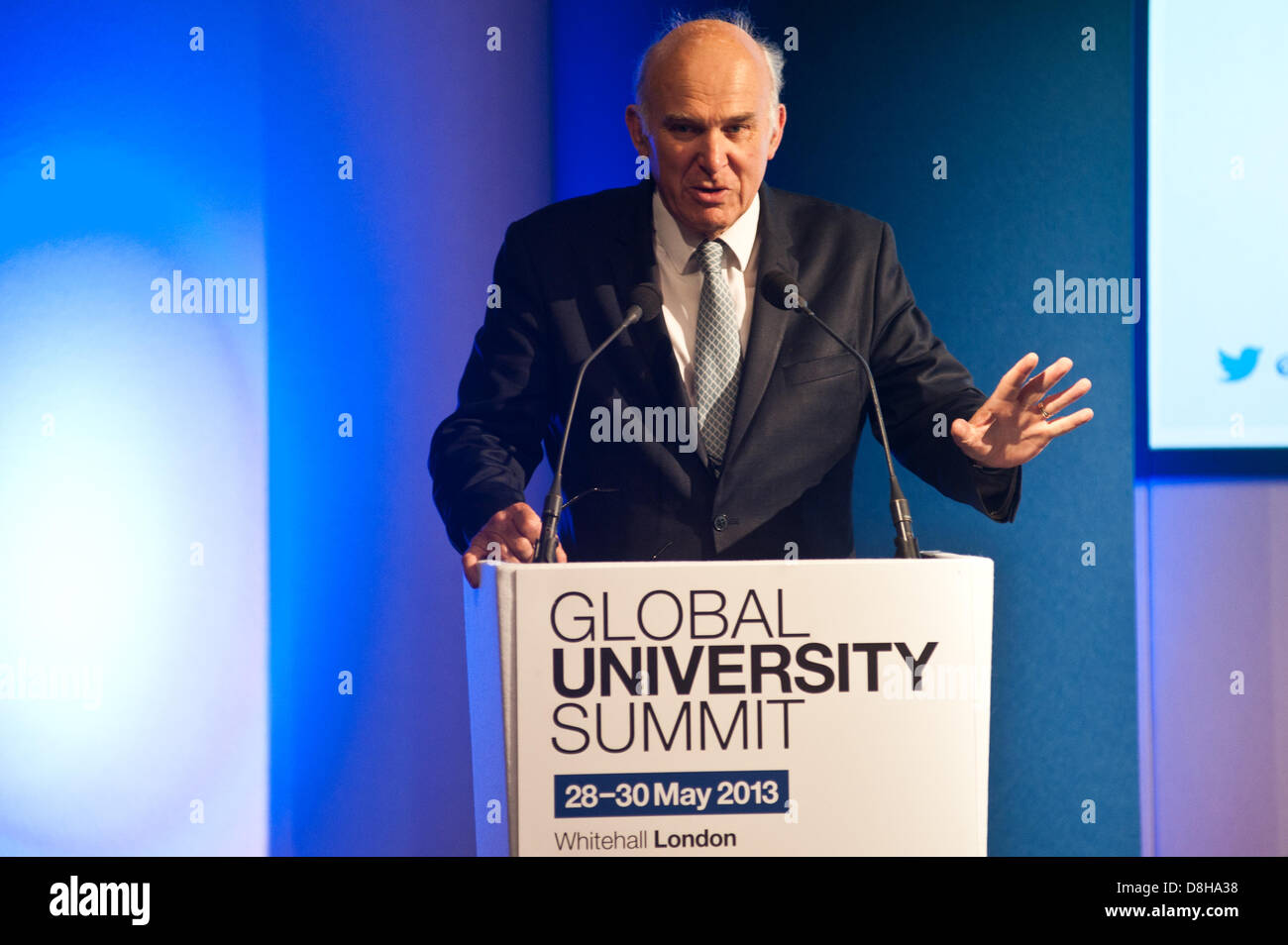 London, UK. 29th May 2013. The Secretary of State for Business, Innovation and Skills, the Rt. Hon Vince Cable MP speaks to business-leaders, senior representatives from both the IMF and OECD and Vice-Chancellors from over 30 countries to discuss the relationship between ‘universities and economic growth’ahead of G8 world-leaders meeting. Credit:  Piero Cruciatti / Alamy Live News Stock Photo