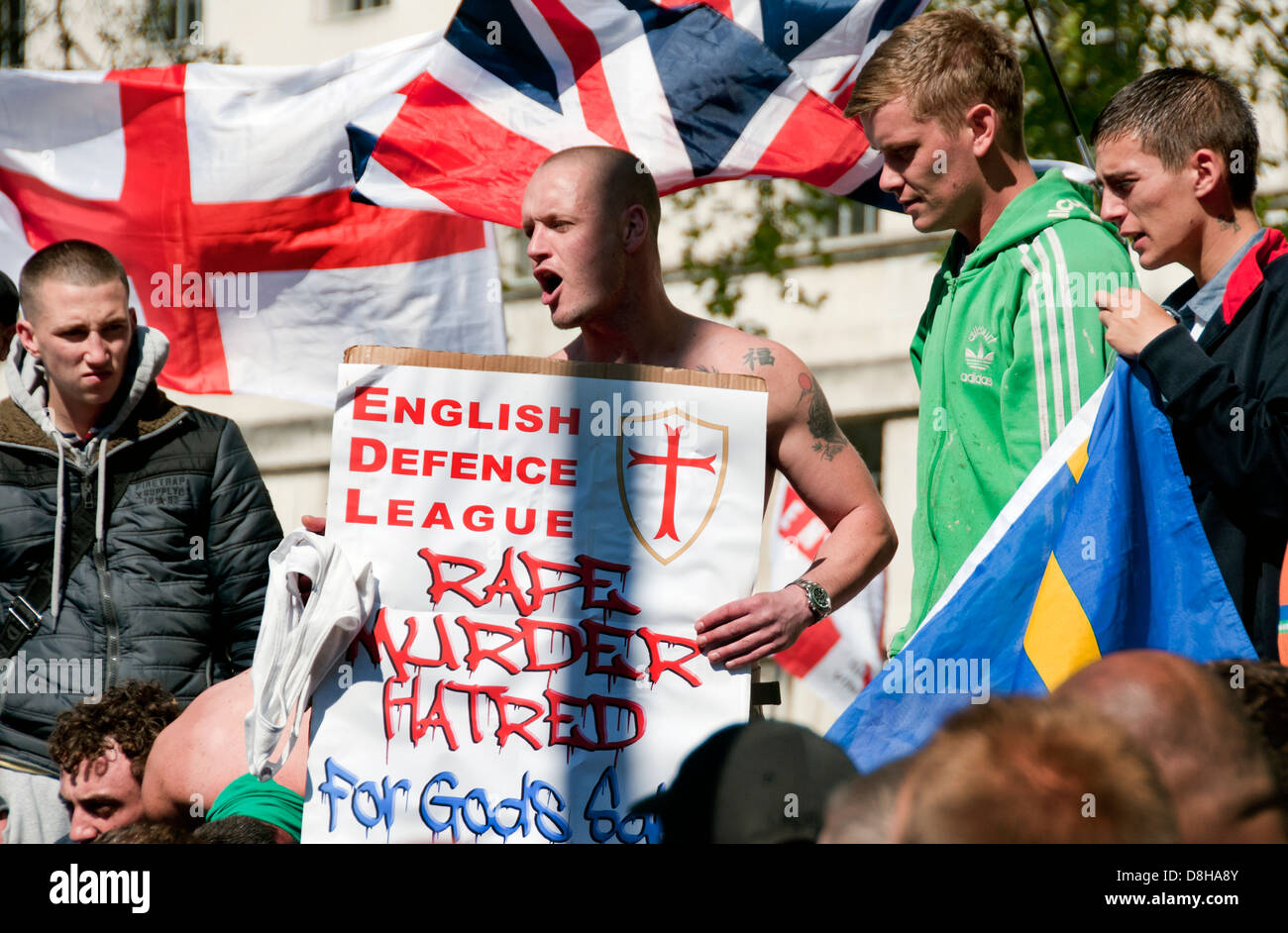 Right wing English Defence League (EDL) supporters protest in Whitehall following death of  Drummer Lee Rigby in Woolwich 27.05. Stock Photo
