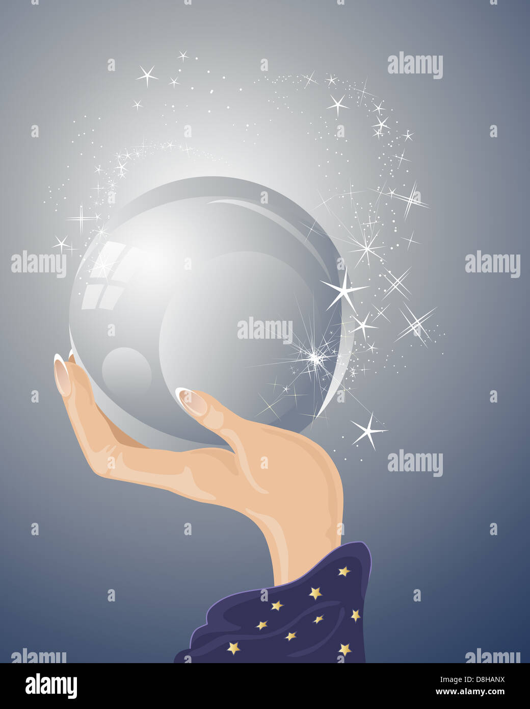 an illustration of a magicians hand with purple robe holding a magic crystal ball with sparkles and stars on a blue background Stock Photo