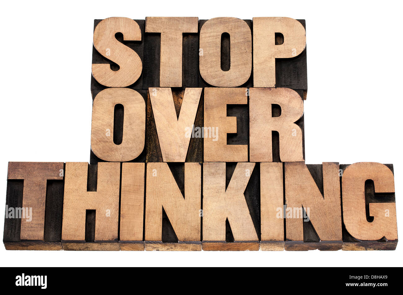 stop overthinking advice - isolated text in vintage letterpress wood type Stock Photo