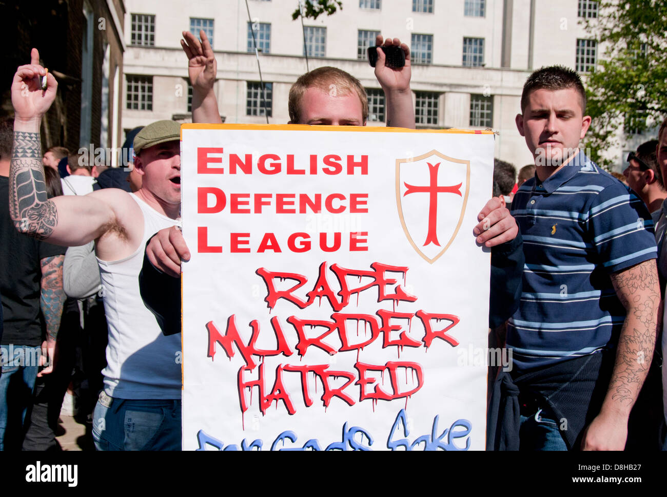 Right wing English Defence League (EDL) supporters protest in Whitehall following death of  Drummer Lee Rigby in Woolwich 27.05. Stock Photo