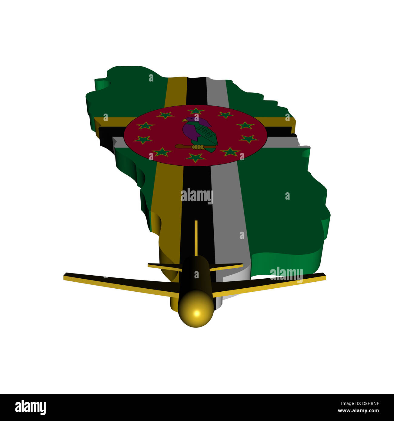 Plane taking off from Dominica map flag illustration Stock Photo