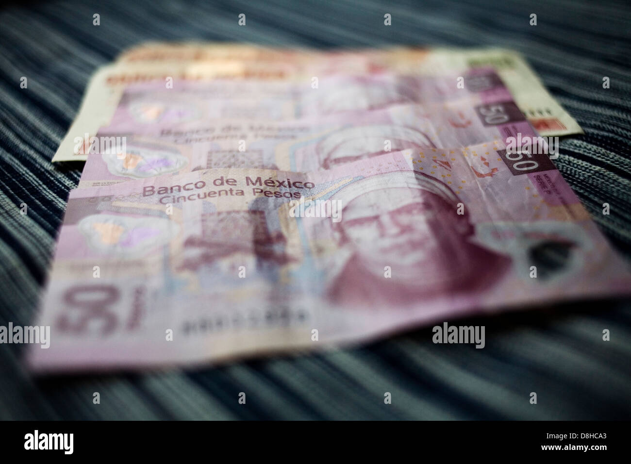 Three 50 Mexican Peso Notes and Two 100 Mexican Peso Notes. Stock Photo