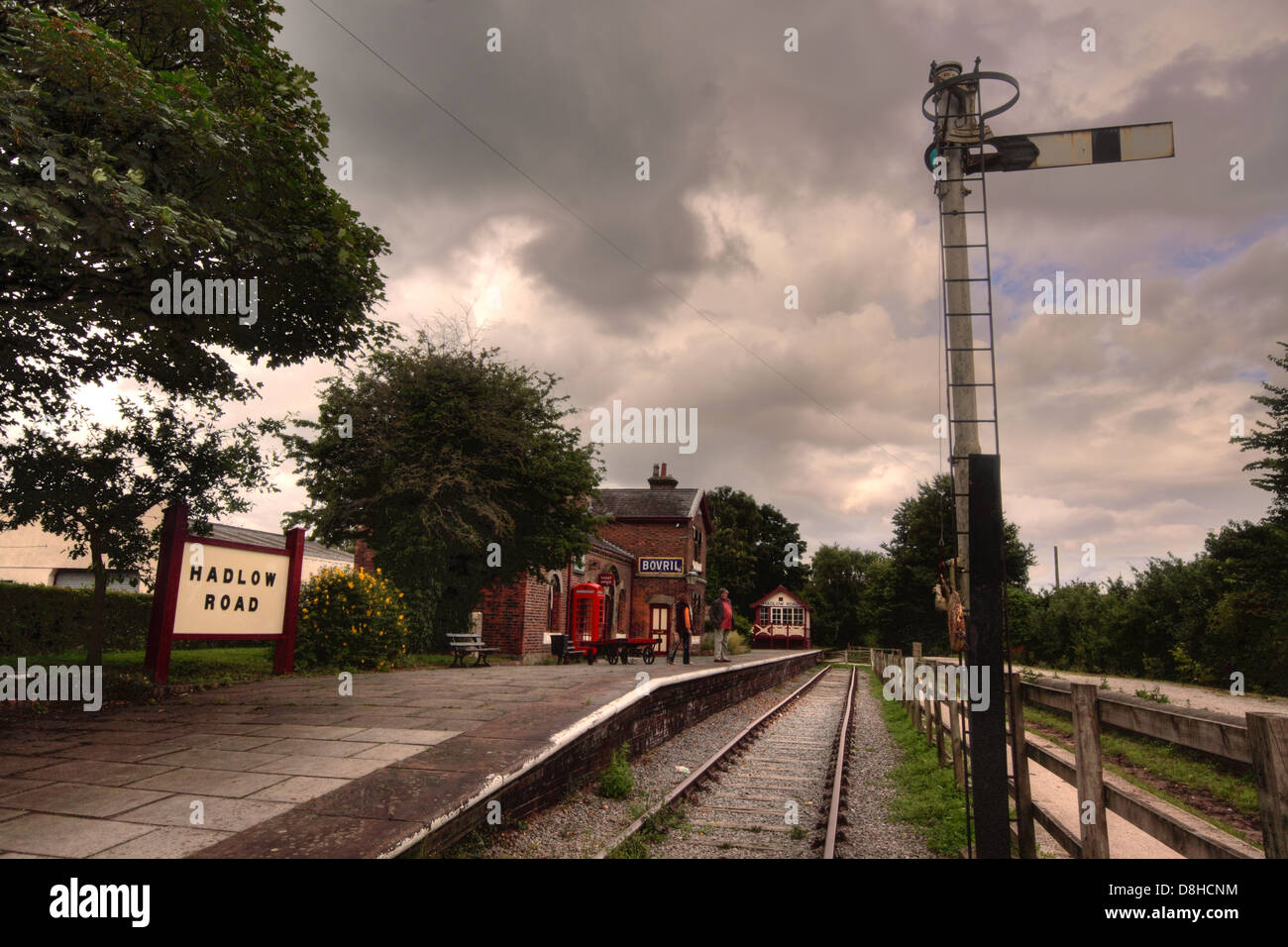 Hadlow road historic preserved railway station, with signal on the Wirral Way, Merseyside, England, UK Stock Photo
