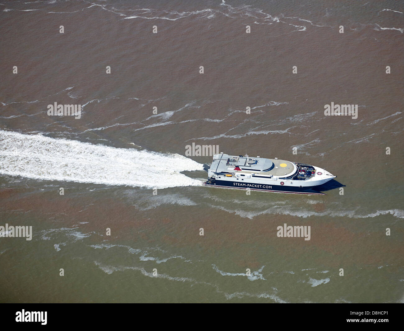 Isle of Man Steam Packet Co Catamaran Manannan on the River Mersey leaving Liverpool for the Isle of Man, North West England Stock Photo