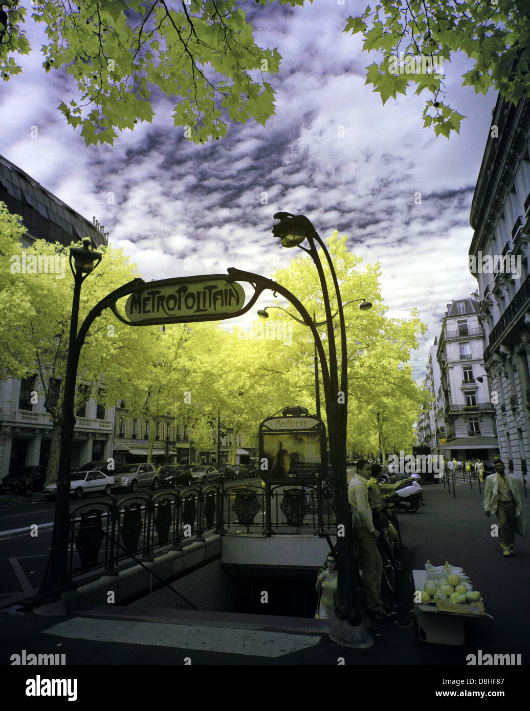 An Art Nouveau Paris metro station entrance taken with an IR Infra-Red adapted Canon 5D camera, France, Europe Stock Photo