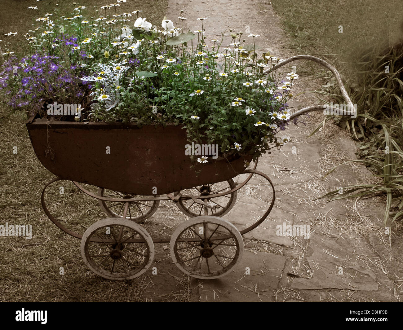 An old pram planted with flowers, Lymm Festival 2011, Warrington, Cheshire, England, UK Stock Photo