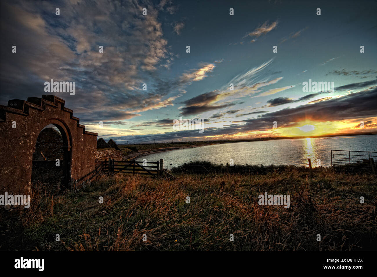 Sunset at the Ruins of St Columbas Church, Aignish, outside Stornoway Isle Of Lewis, Scotland Stock Photo