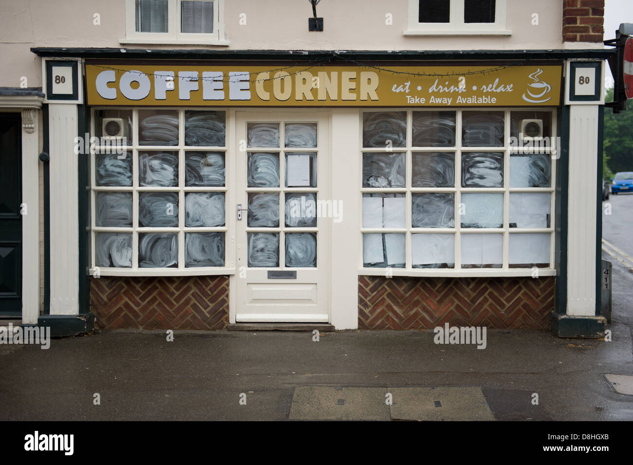 A cafe in Redbourn which has had to shut down. A sign in the window thanks the customers who have been loyal over the years. Stock Photo