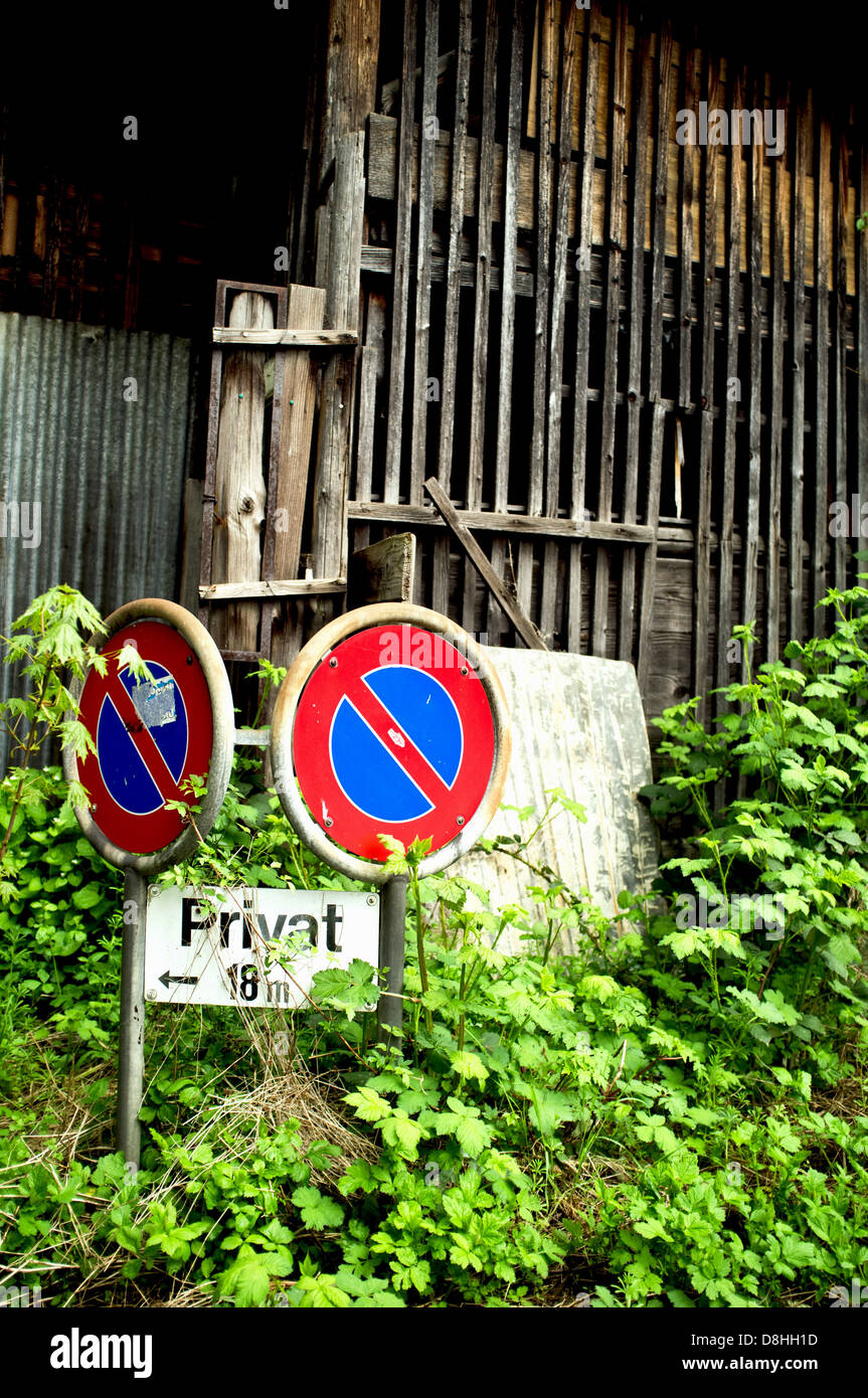 Private property sign of wooden ruins Stock Photo