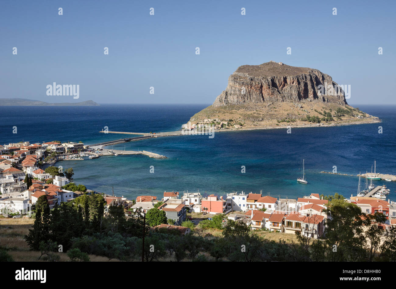 The old rock of Monemvasia and the village and harbour of Yefira, Lakonia, Southern Peloponnese, Greece. Stock Photo