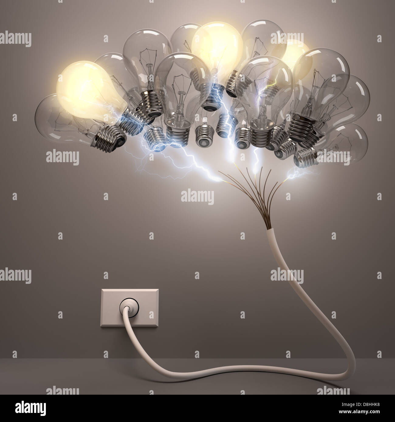 Grouped lamps shaped brain. Some lamps lighting, concept of active neurons. Stock Photo