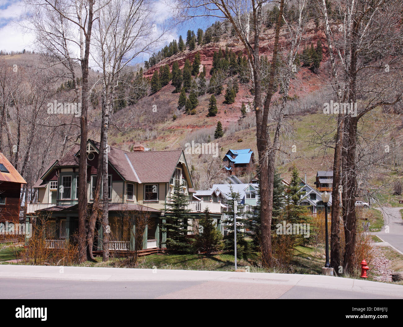 Houses at the base of a mountain in Telluride, Colorado, USA Stock