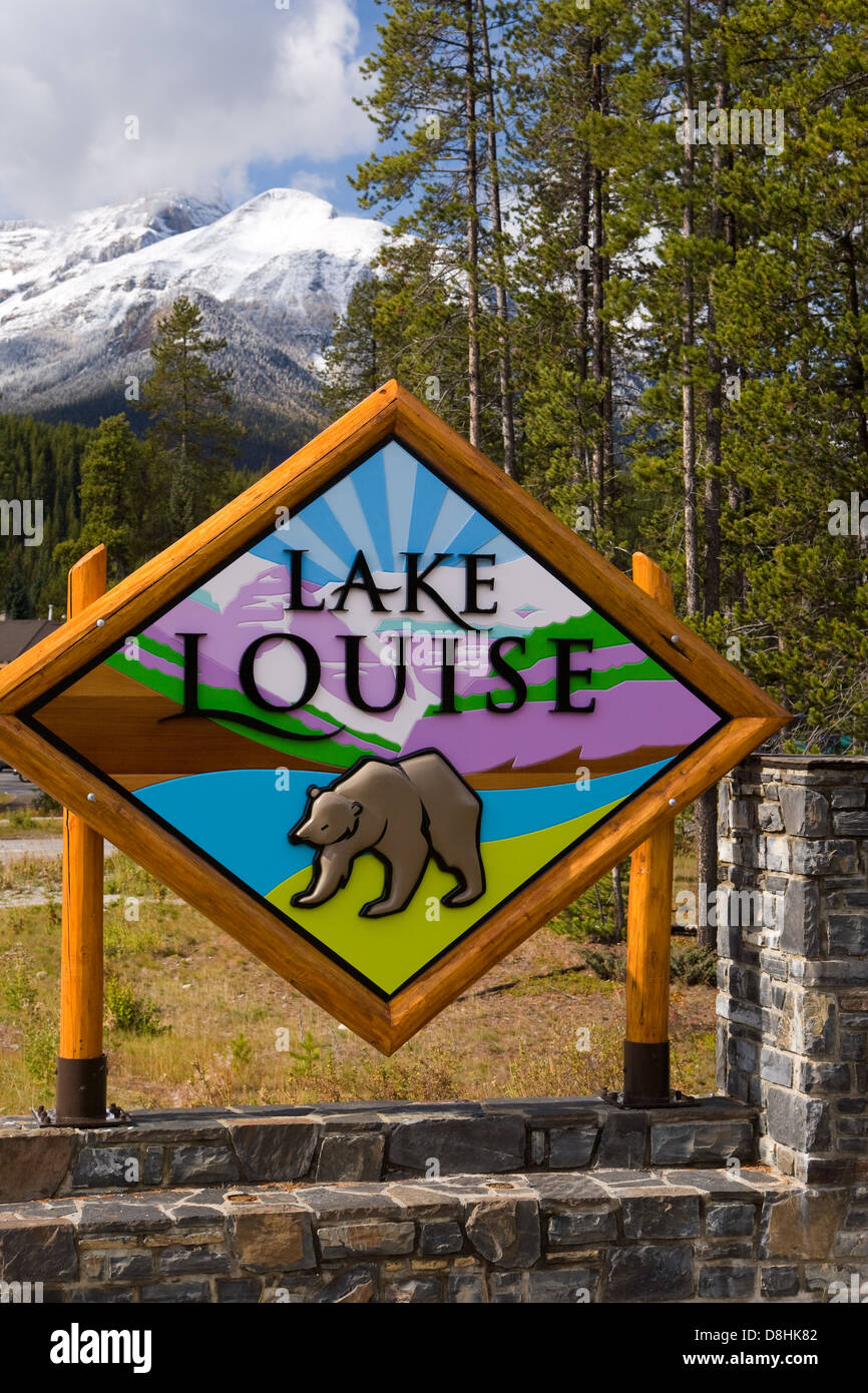 Lake Louise sign, Lake Louise, Banff-Jasper National Parks, Alberta, Canada, North America Stock Photo
