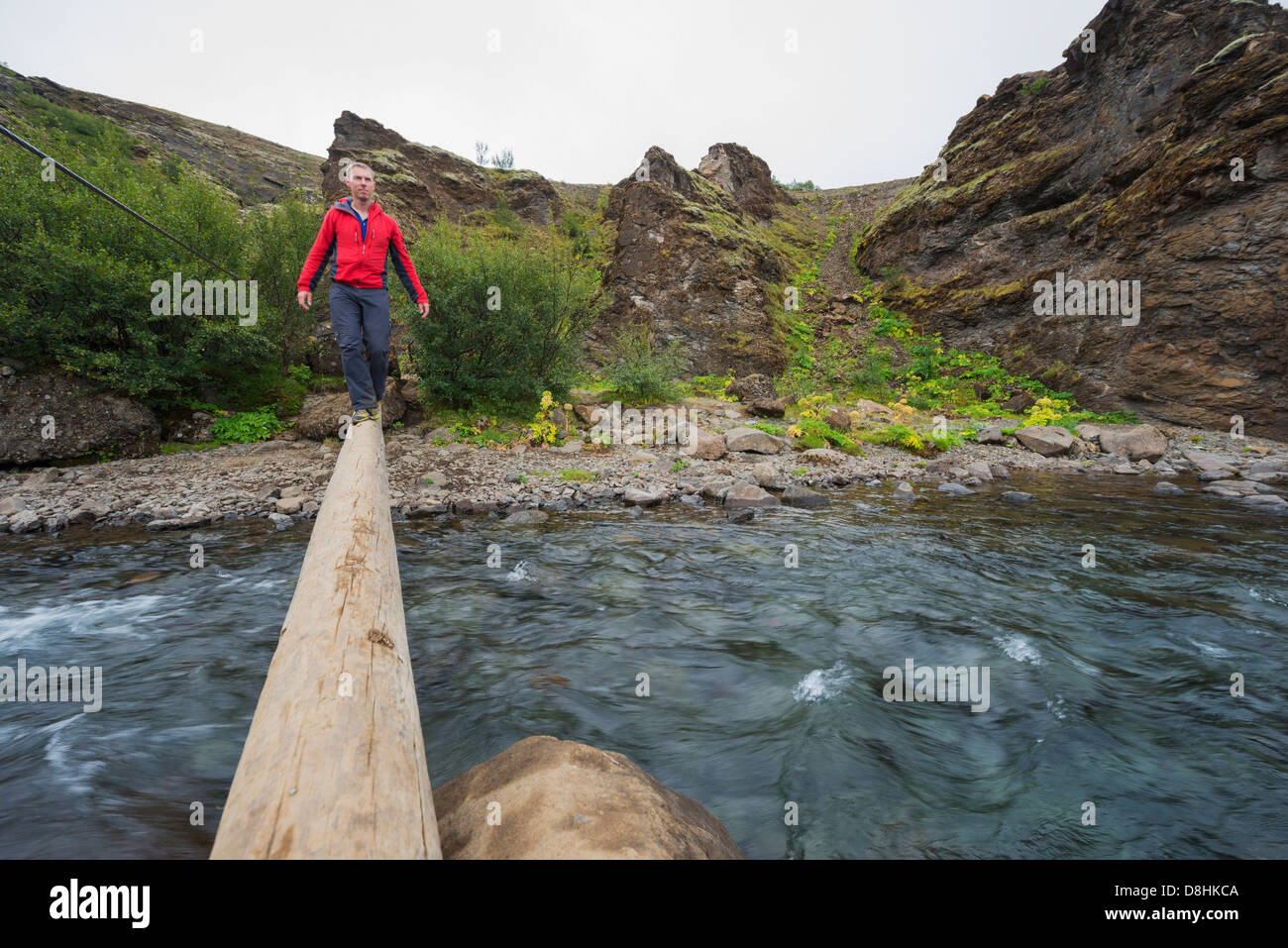 Iceland, river crossing at Glymur waterfall (MR) Stock Photo