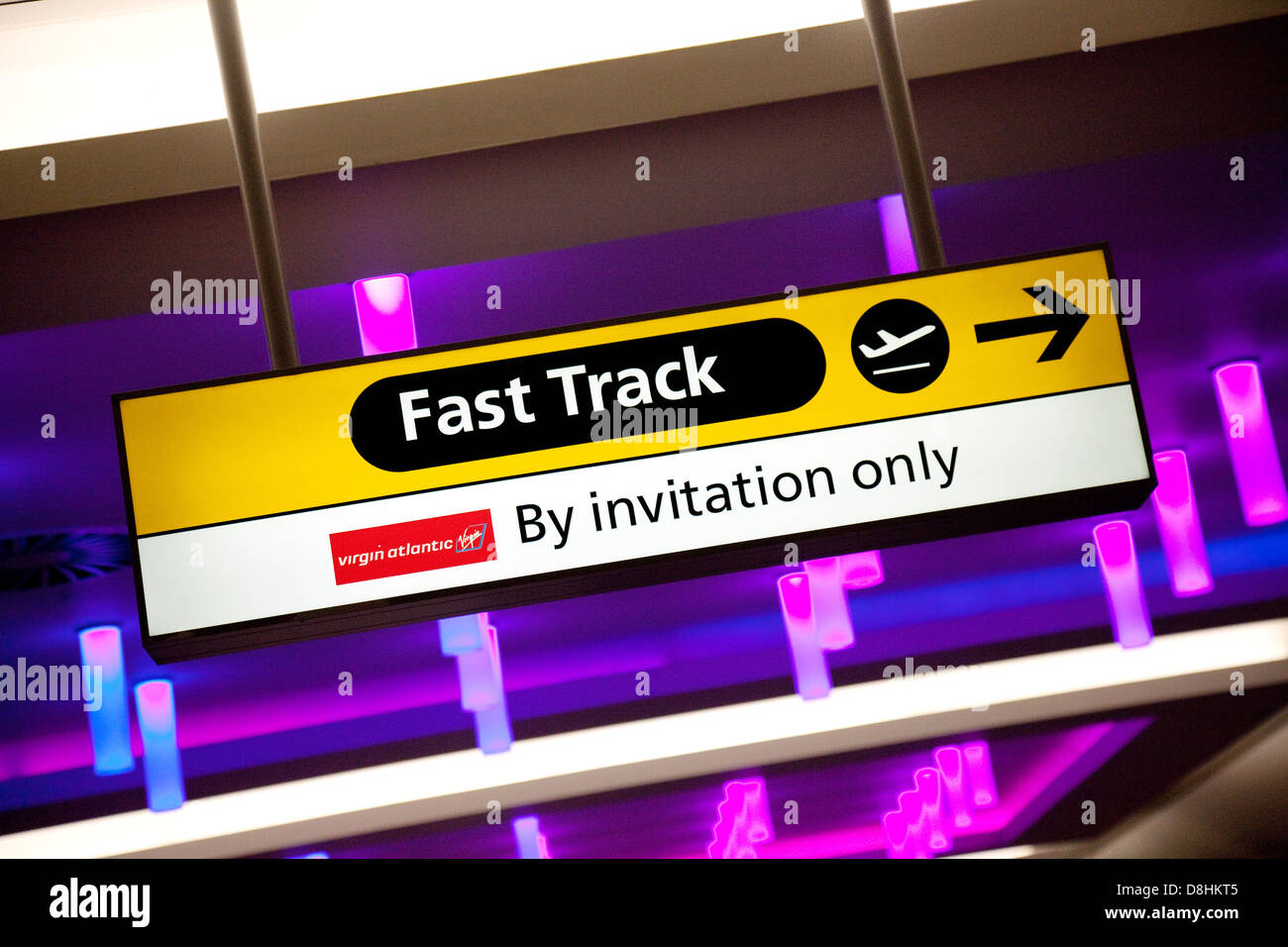 Virgin Atlantic Fast Track airport sign, terminal 3, Heathrow airport UK Stock Photo